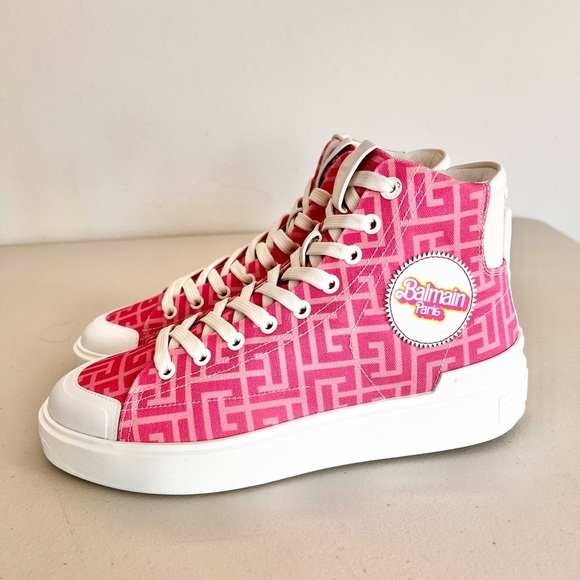 NIB Balmain X Barbie Pink Sneakers EU 40 US 10 Women’s High Top Lace Up B Court - Picture 5 of 10